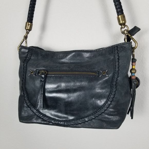 The Sak Y2K 90s Black Leather Zip Top Bohemian Tassle Braid Handle Shoulder Bag - Picture 4 of 12